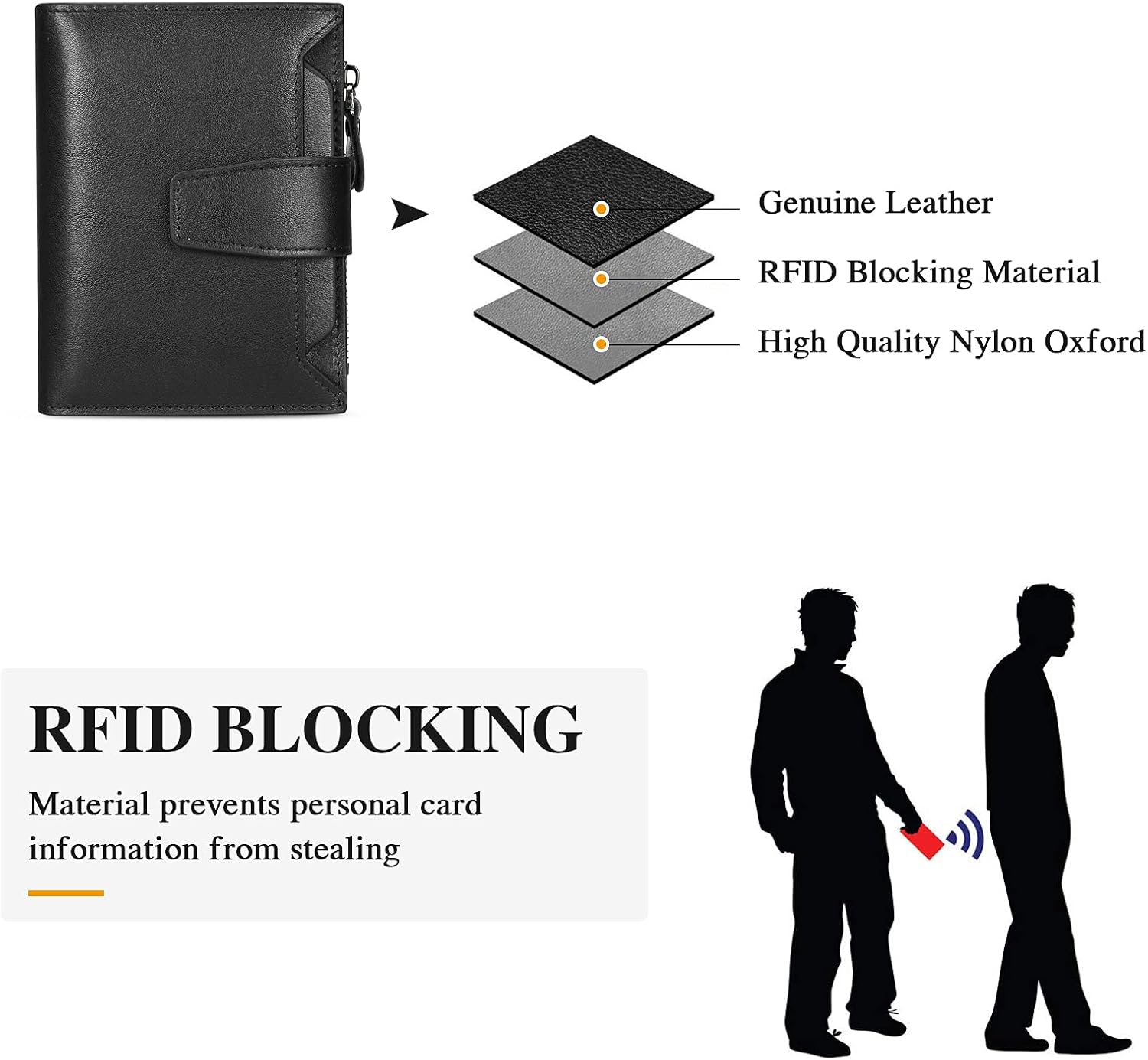 Men's Genuine Leather Wallet RFID Blocking Bifold Casual Wallet Large Capacity Zip Coin Pocket with 18 Card Slots & Removable Id Window (Black)
