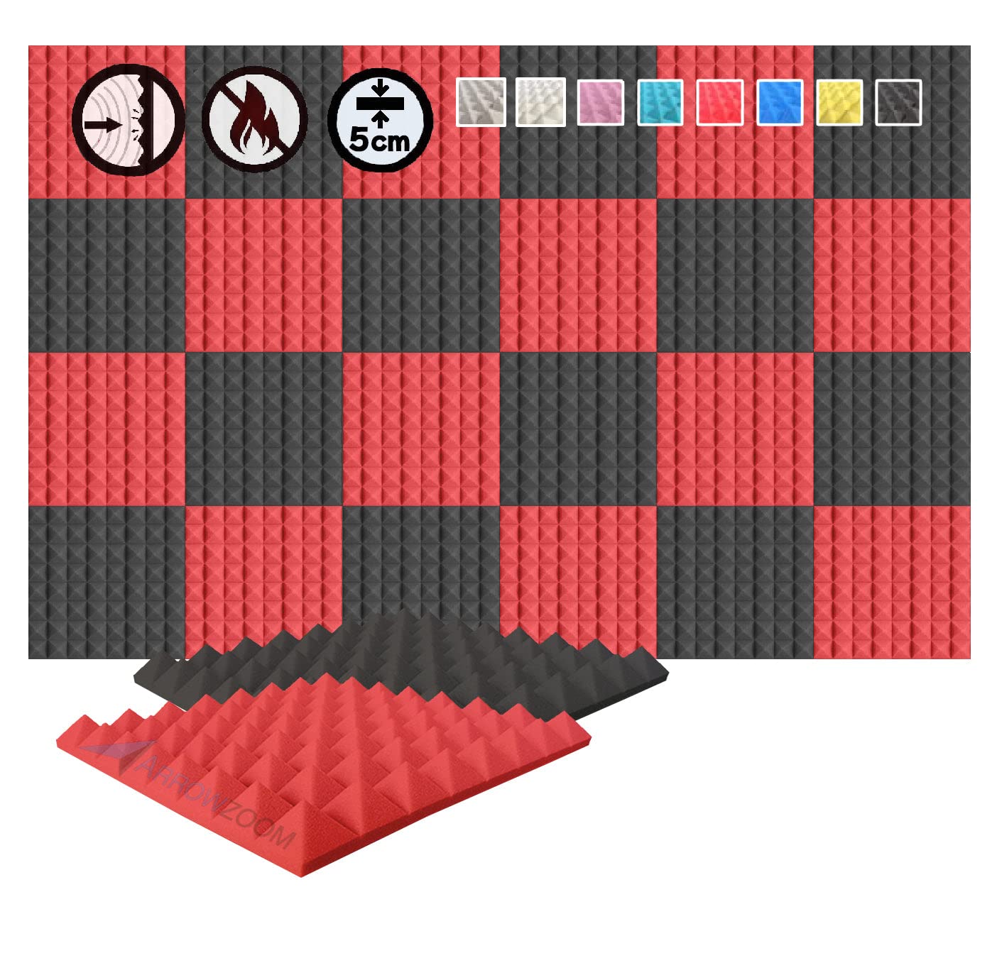 Acoustic Foam Panels 24 Pack Pyramid Sound Absorbing Foam Tiles 25x25x5cm, High Density Studio Acoustic Panels for Echo Reduction, Recording, Gaming, Home Office Wall Treatment , 1034 Black — view 22