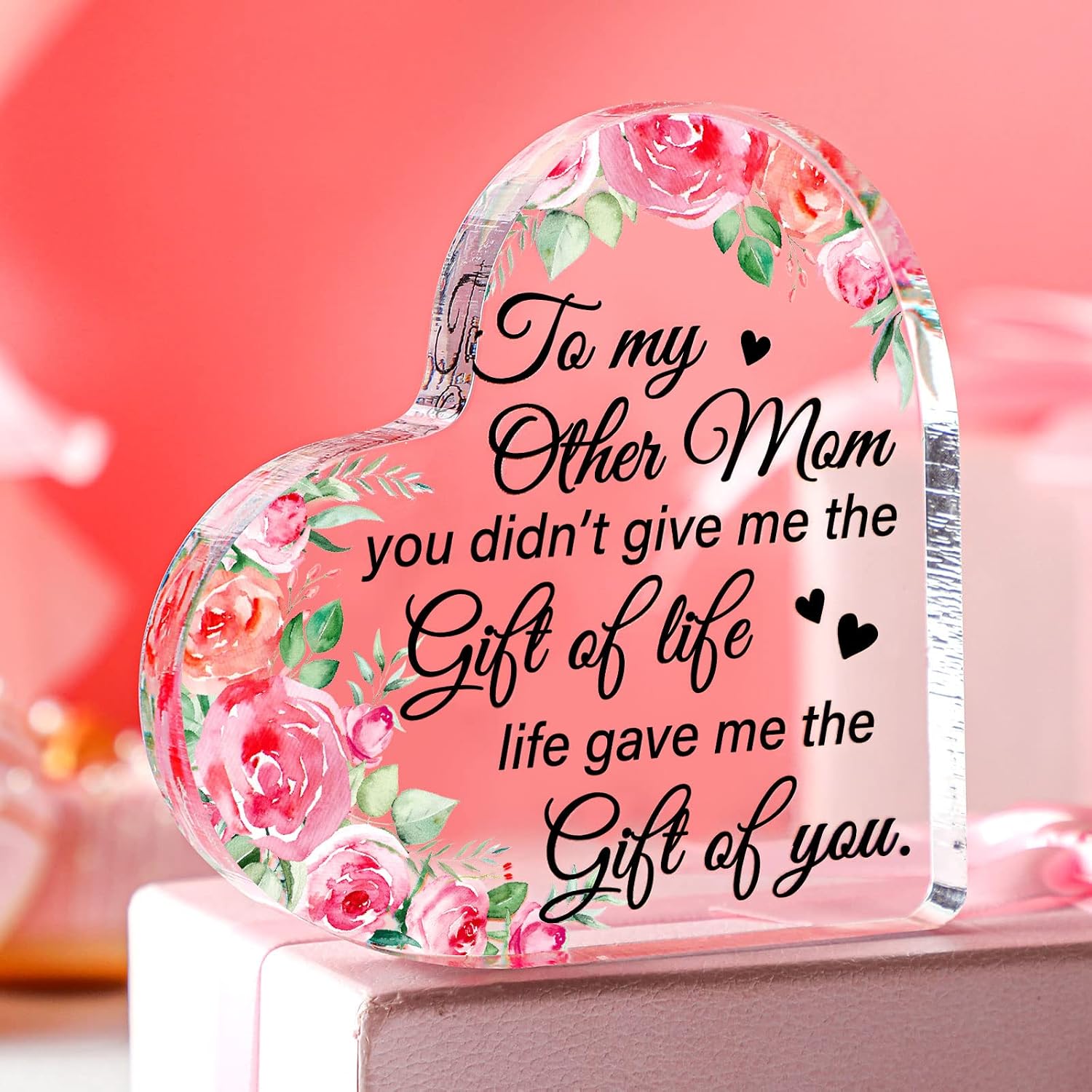 Jetec Gift for Mom from Daughter Son Christmas Acrylic Heart Shaped Block for Moms Heart Plaque Sign for Grateful Mother‘S Day Birthday Thanksgiving Gift Ideas(Stepmother Pink Flower)