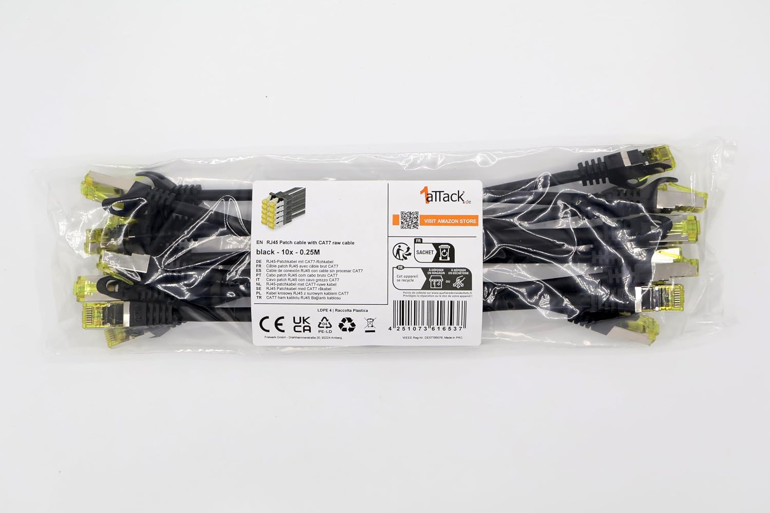 Cat.7 Patch Cable Set S/FTP (PiMF) Ethernet LAN Network Cables 10 Gigabit/s High Speed 600 MHz with Locking Protection Halogen-Free (LSZH) Schwarz - 10 Pieces 0 25m