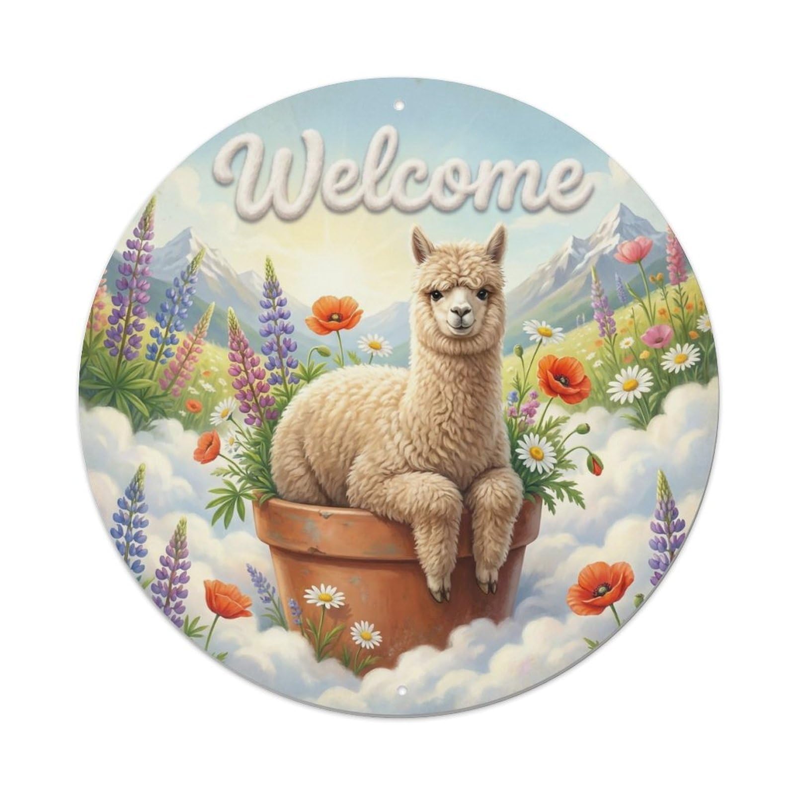 Okahys 8X8inch(20X20cm) Welcome Alpaca Cloud Meadow Metal Tin Sign