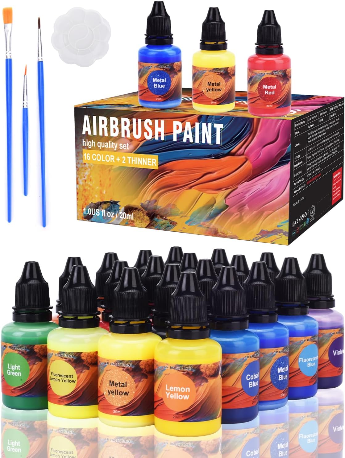 Gocheer Airbrush Paint - 16 Colors with 1 Thinner & 3 Metallic Colors, Ready to Spray Airbrush Paint Set, Water-Based Acrylic Air Brush Paints for Metal, Plastic Models, Canvas, Wood - 20 Bottles