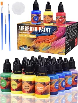 Gocheer Airbrush Paint - 16 Colors with 1 Thinner & 3 Metallic Colors, Ready to Spray Airbrush Paint Set, Water-Based Acrylic Air Brush Paints for Metal, Plastic Models, Canvas, Wood - 20 Bottles