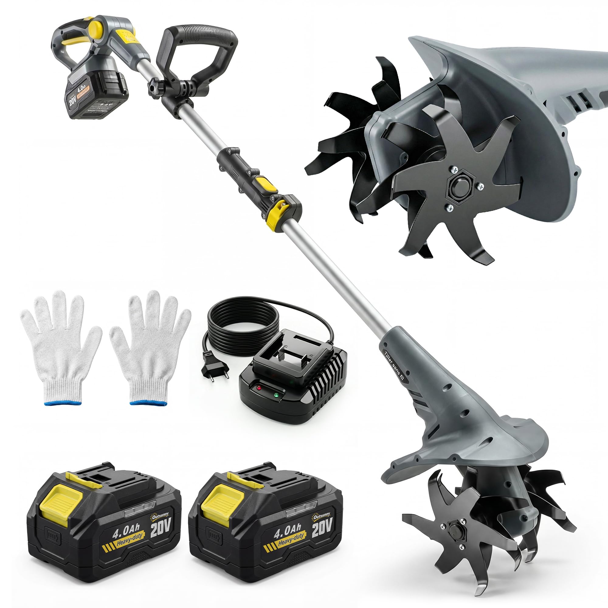 Outsunny Motobineuse sans Fil 18V - Motoculteur Électrique 355W avec 2 Batteries 4,0Ah - Léger et Anti-Mal de Dos, Largeur 20cm - Kit Complet pour Ameublir Le Sol, Potager et Seniors, Gris