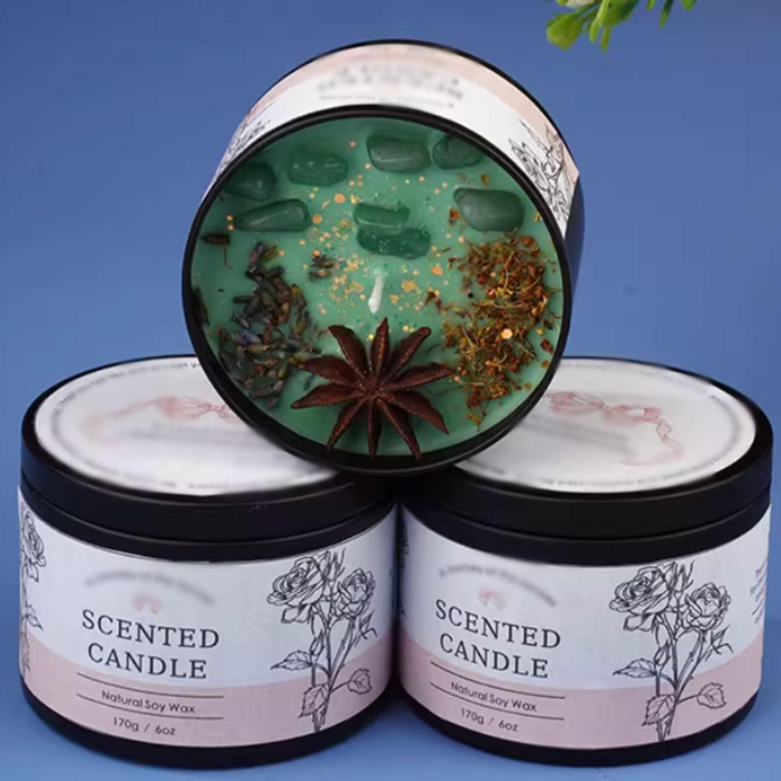 Compacto Velas de lámina de hierro, velas en tarro reutilizables con cristales y flores secas, hechas con cera de soja y aceites esenciales botánicos no es picante(Osmanthus Green Tea)