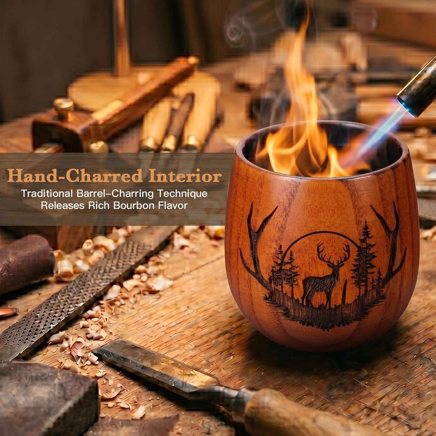 Handcrafted Jujube Wood Bourbon Glasses Set of 2 - Engraved Deer Design Whiskey Tumbler Gift Set, Unique Old Fashioned Glass for Men, Perfect Bourbon Lover Gift (11oz, Black Gift Box)