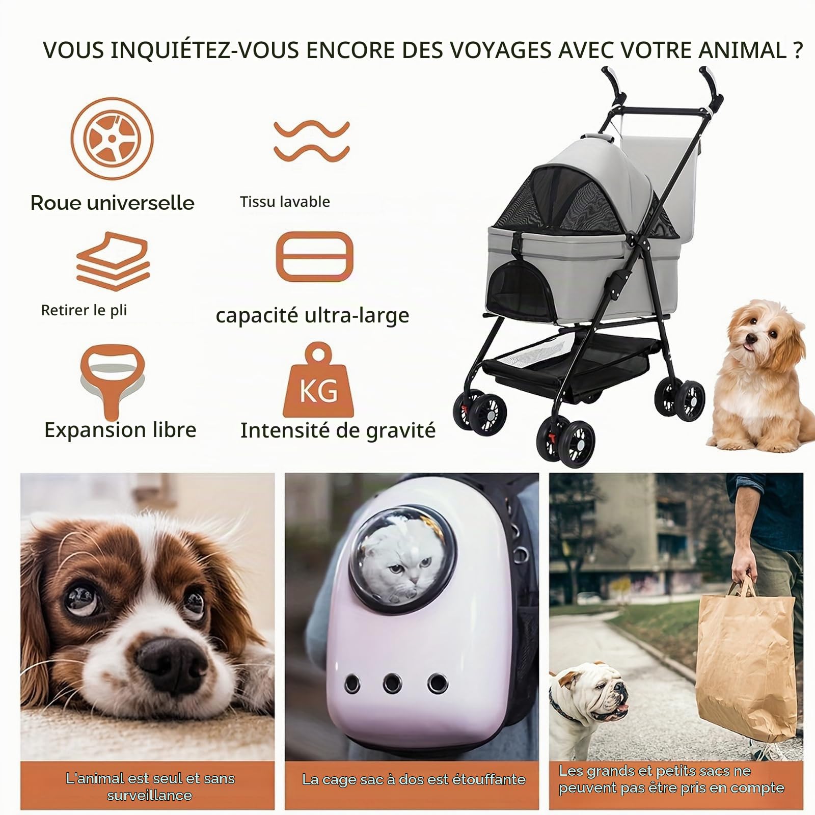 Poussette pour chien 3 en 1, pliable, avec sac de transport amovible, pour chiens et chats jusqu'à 20 kg, panier de courses et sac suspendu, fenêtre en maille avec ouverture d'alimentation, pliable