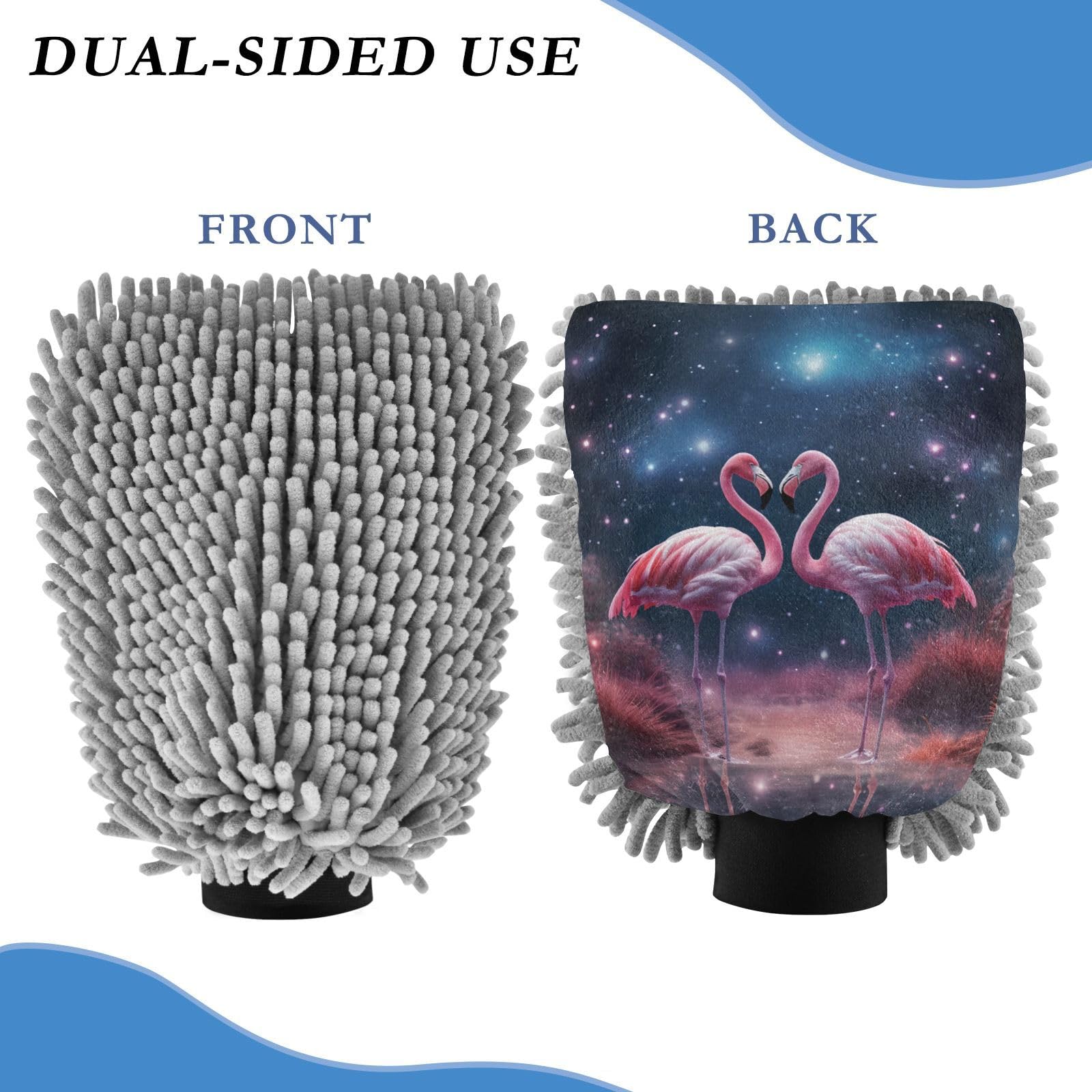 IOACIY Absorbent Microfiber Car Wash Drying Mitts, 2 Pack, Scratch-Free & Lint-Free, Rich Foam, Highly Absorbent, Double Sided, Wash Mitt Perfect for Car Washing, L, Flamingo Under The Starry Sky