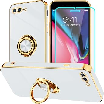 HNHYGETE for iPhone 8 Plus Case with Screen Protector Slim Lightweight 360 Ring Holder Kickstand Shockproof - Phone Protective Case for iPhone 7 Plus White