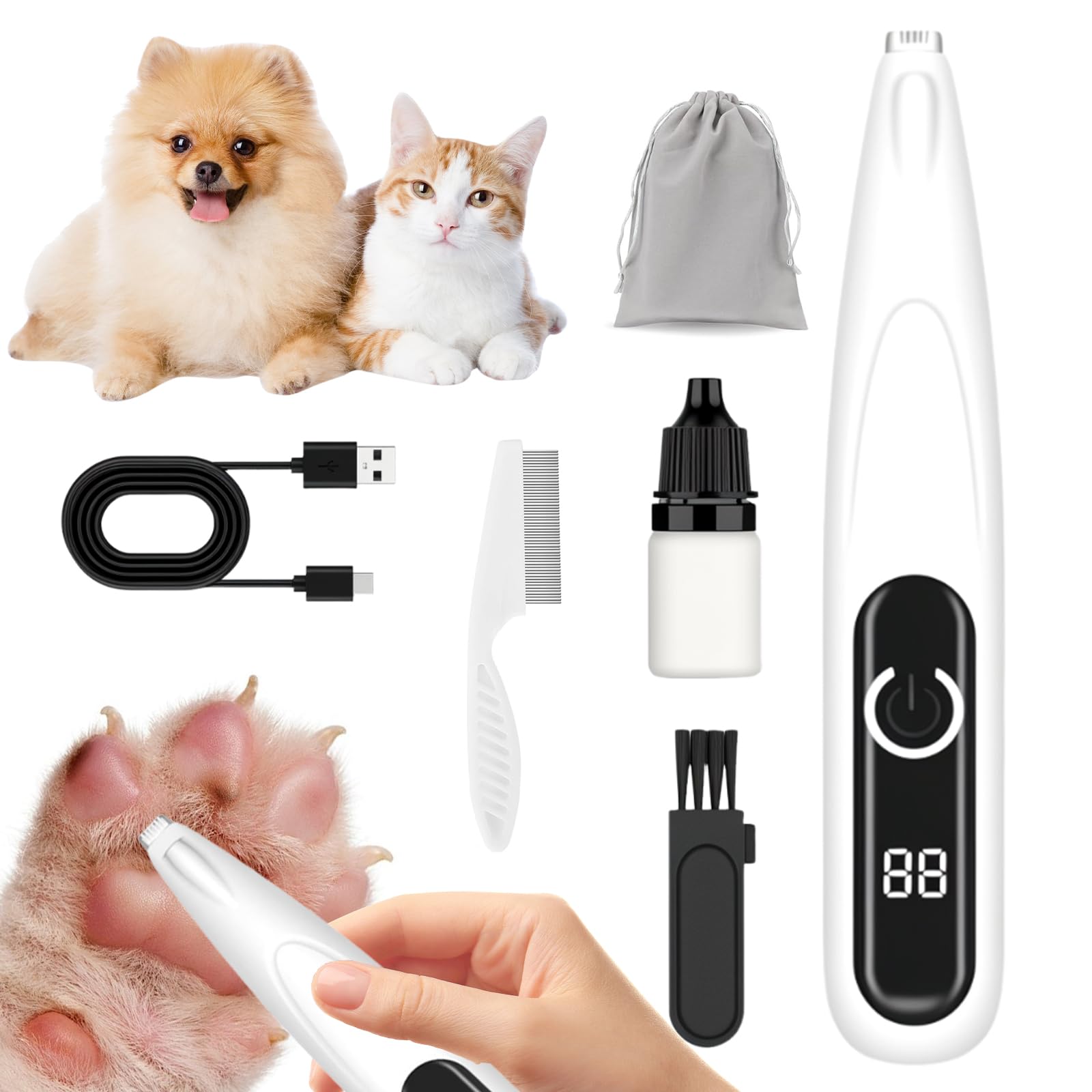 Nyywth Dog Paw Trimmer with LED Display, 35dB Low Noise Cordless Hair Trimmer with LED Light, Waterproof Dog Grooming Kit for Paws, Ears, Face, Rump