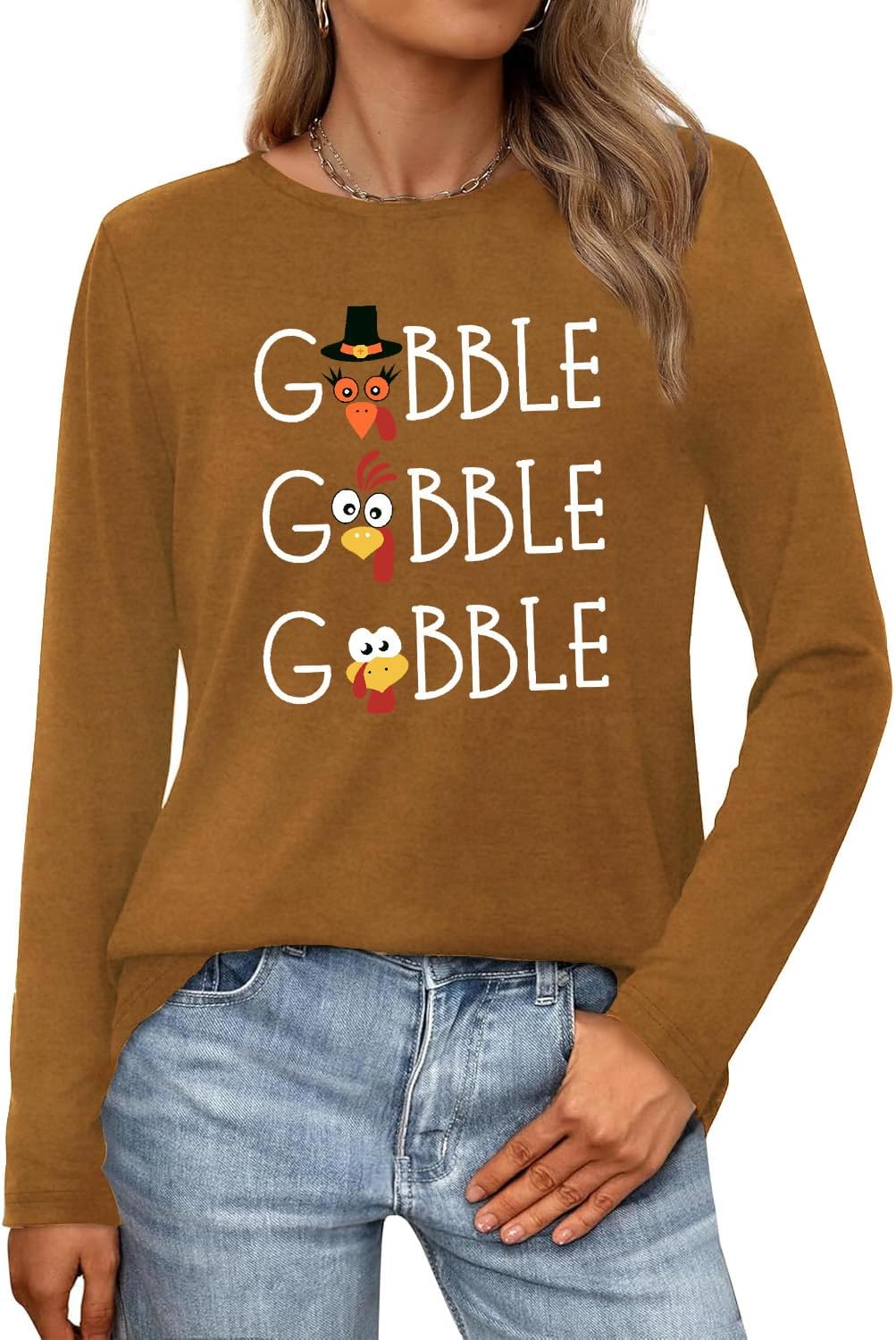 Thanksgiving Shirt for Women Gobble Turkey T-Shirt Thankful Grateful Long Sleeve Tee Tops