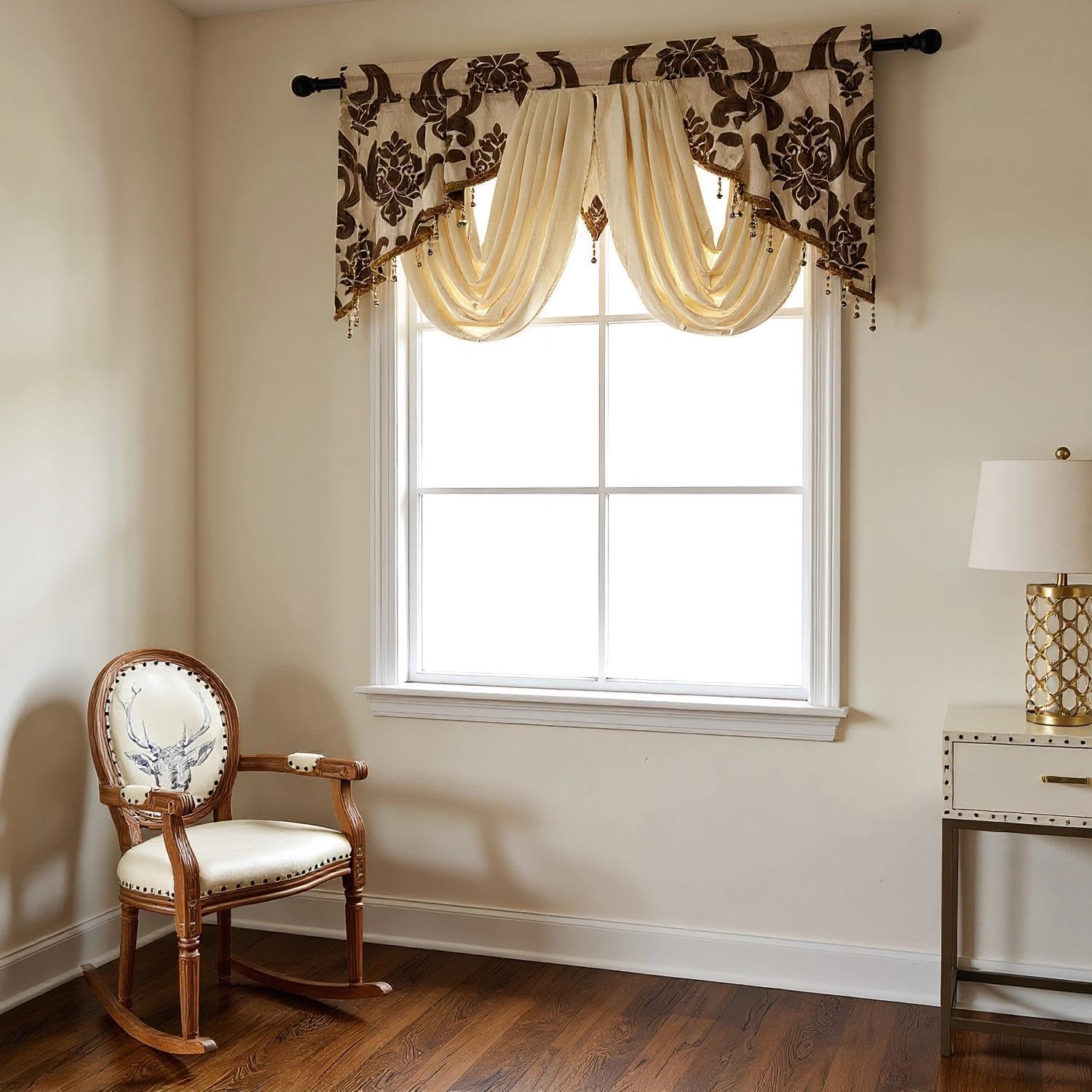 NAPEARL Swag Curtain Rod Pocket Short Coffee Brown Cream Damask Jacquard Valance for Living Room Waterfall Valance Fancy Design with Satin Fabric Decoration Kitchen Bathroom