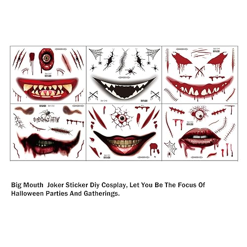 Miniatura 9 de Tatuajes falsos de cara de Halloween con boca grande para adultos, broma de miedo, kit de tatuaje temporal para mujeres, calcomanías de cara falsa