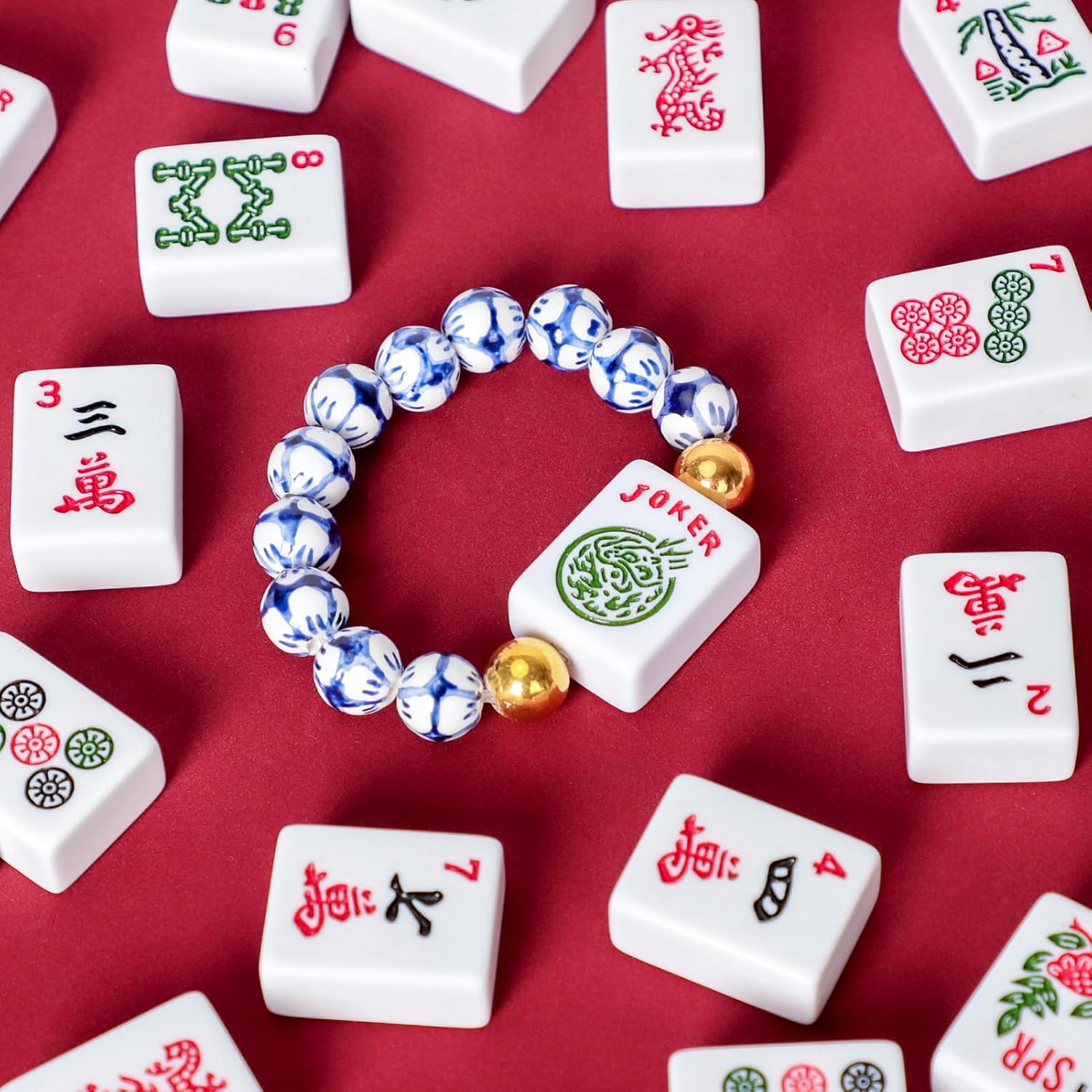 Jongyance American Mahjong Accessory (Blue and White) with A Joker Tile, Fits Wrist Sizes Ranging from 5.7 to 7.25 Inches