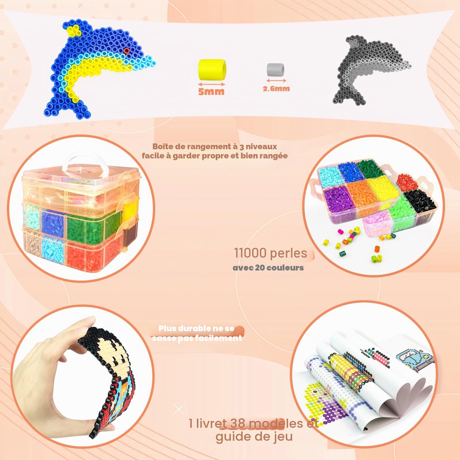 Perles à Repasser De 5MM, 11000 Pièces Perles Avec Boîte De Rangement, Plaques De Perles à Repasser, Guide d'utilisation, DIY De Loisirs Créatifs Enfants, Cadeau Noël Anniversaire pour Garçon Filles