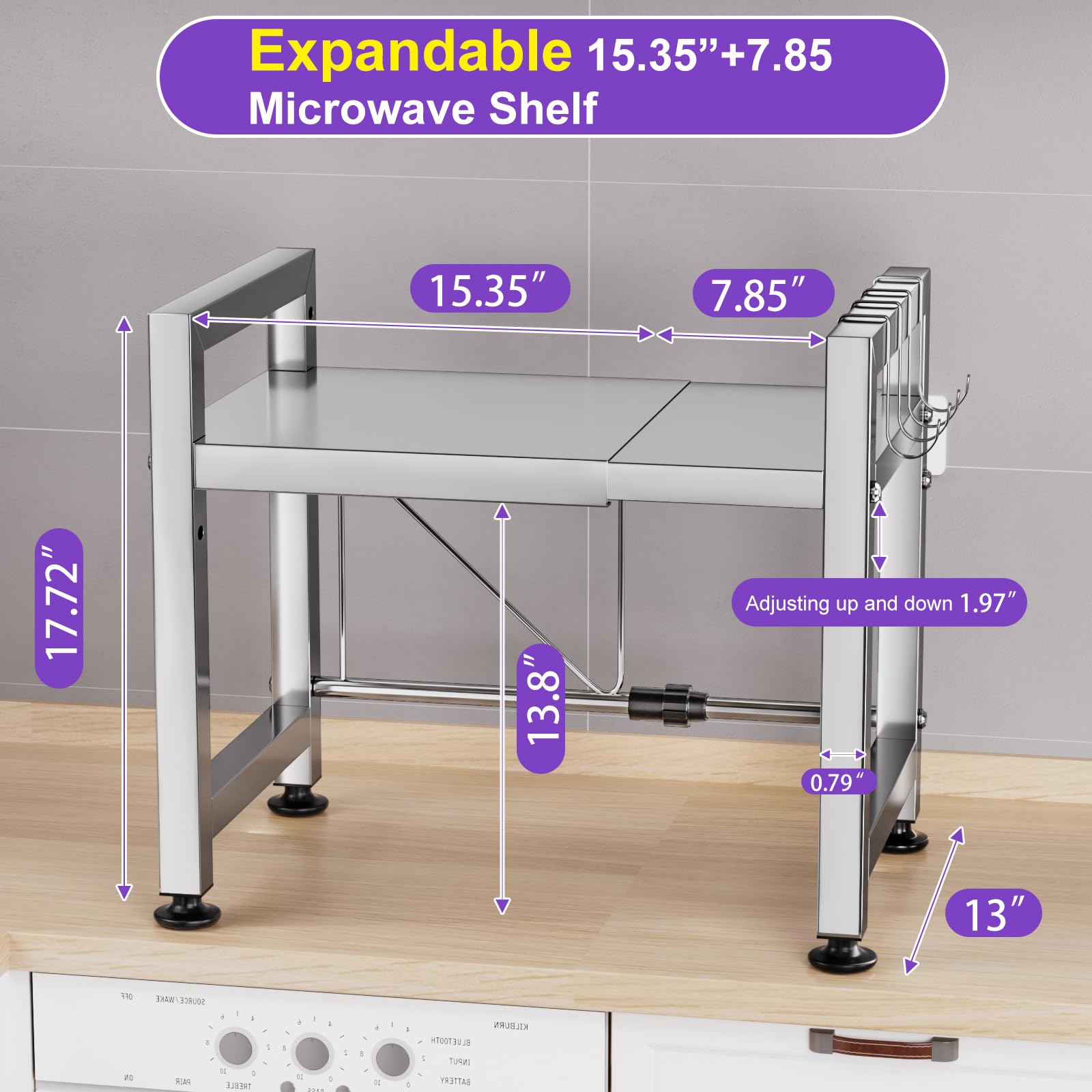 Étagère à micro-ondes extensible réglable à 2 niveaux en acier inoxydable avec 4 crochets pour rangement d'ustensiles et de vaisselle