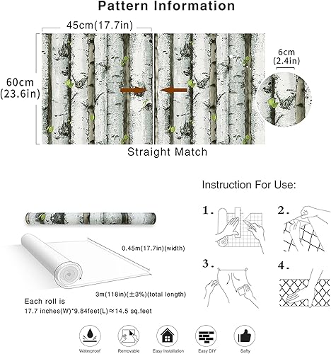 Miniatura 7 de HAOKHOME Papel tapiz de bosque para despegar y pegar, madera de abedul, extraíble, gris/marrón/verde, papel adhesivo de vinilo autoadhesivo de 17.7