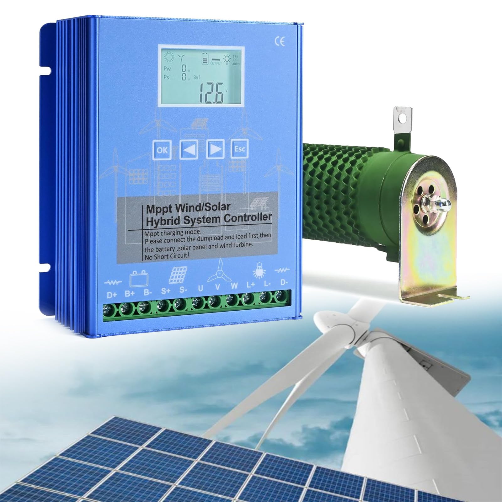 Hybrid-MPPT-Laderegler für Wind- und Solarenergie, 12000 W, 24 V | Automatische Lastabwurfsteuerung mit LCD-Anzeige | Hoher Wirkungsgrad für Windkraftanlagen und Solarmodule