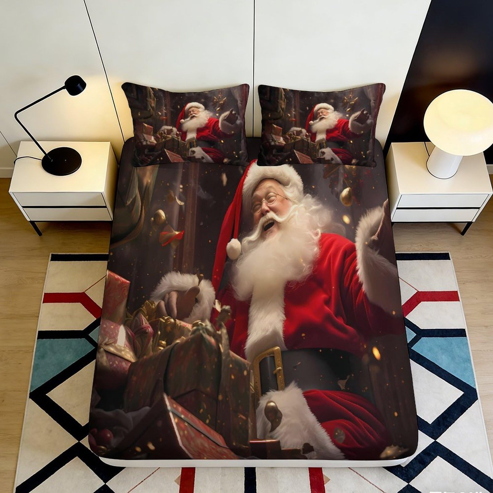 3D Printed Santa Claus Fitted Sheet Microfiber Soft Durable Bed Cover for Bedroom Dormitory Guest Room Mattress Protection 200x200x25cm