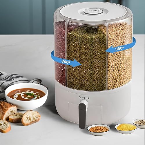 Miniatura 7 de Contenedor de almacenamiento de granos y arroz, Dispensador de granos de 6 rejillas, Dispensador de alimentos grande giratorio de 360 de 25 libras,