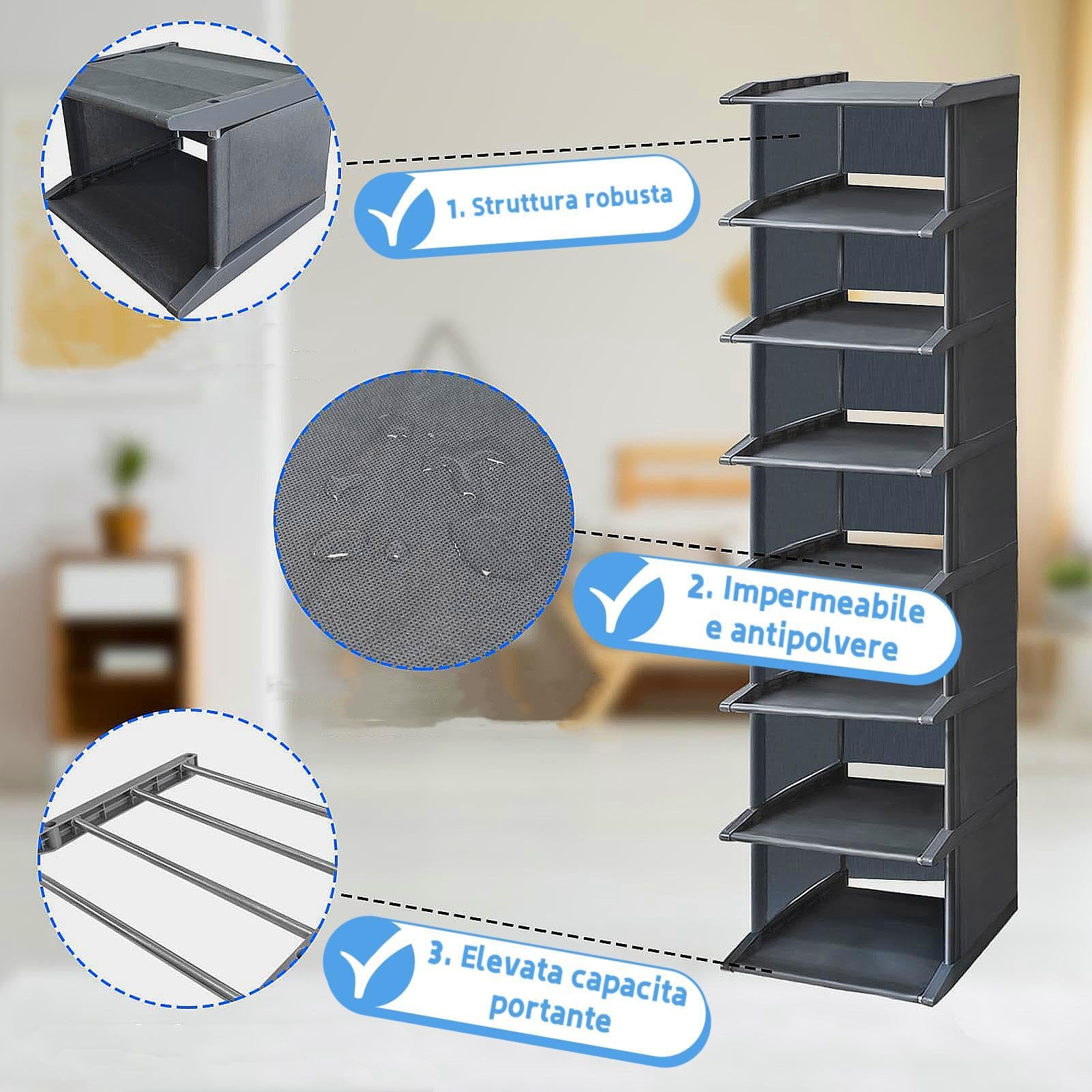 Scarpiera Salvaspazio Slim, Scarpiera Salvaspazio per Casa/Veranda/Ingresso, Telaio zincato ad alta resistenza, Facile da Montare, Grigio, 8 Piani