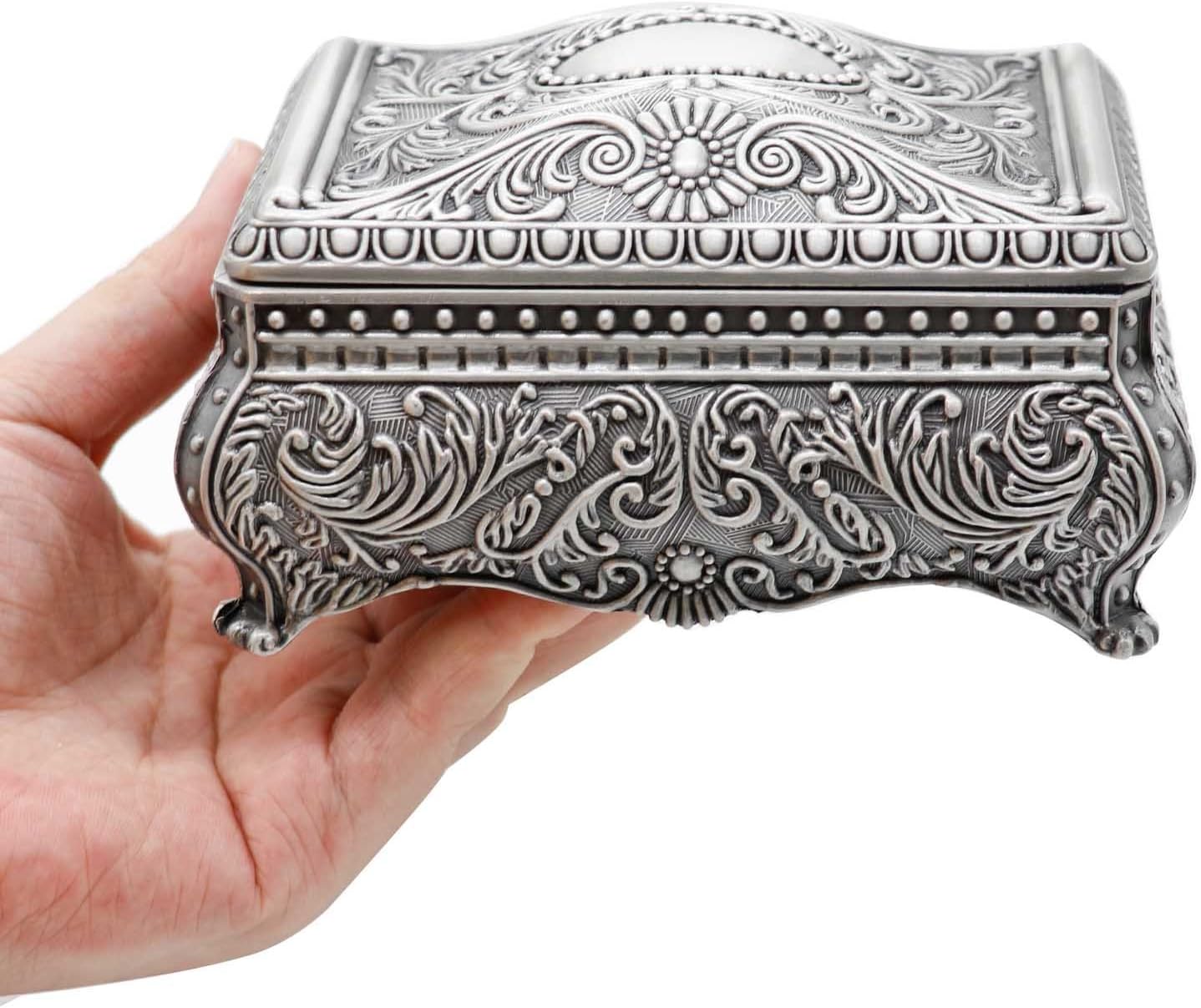 Rectangle Antique Metal Jewelry Box Trinket Storage Organizer Gift Box Chest Ring Case with Floral Engraved for Girls Ladies Women, Medium