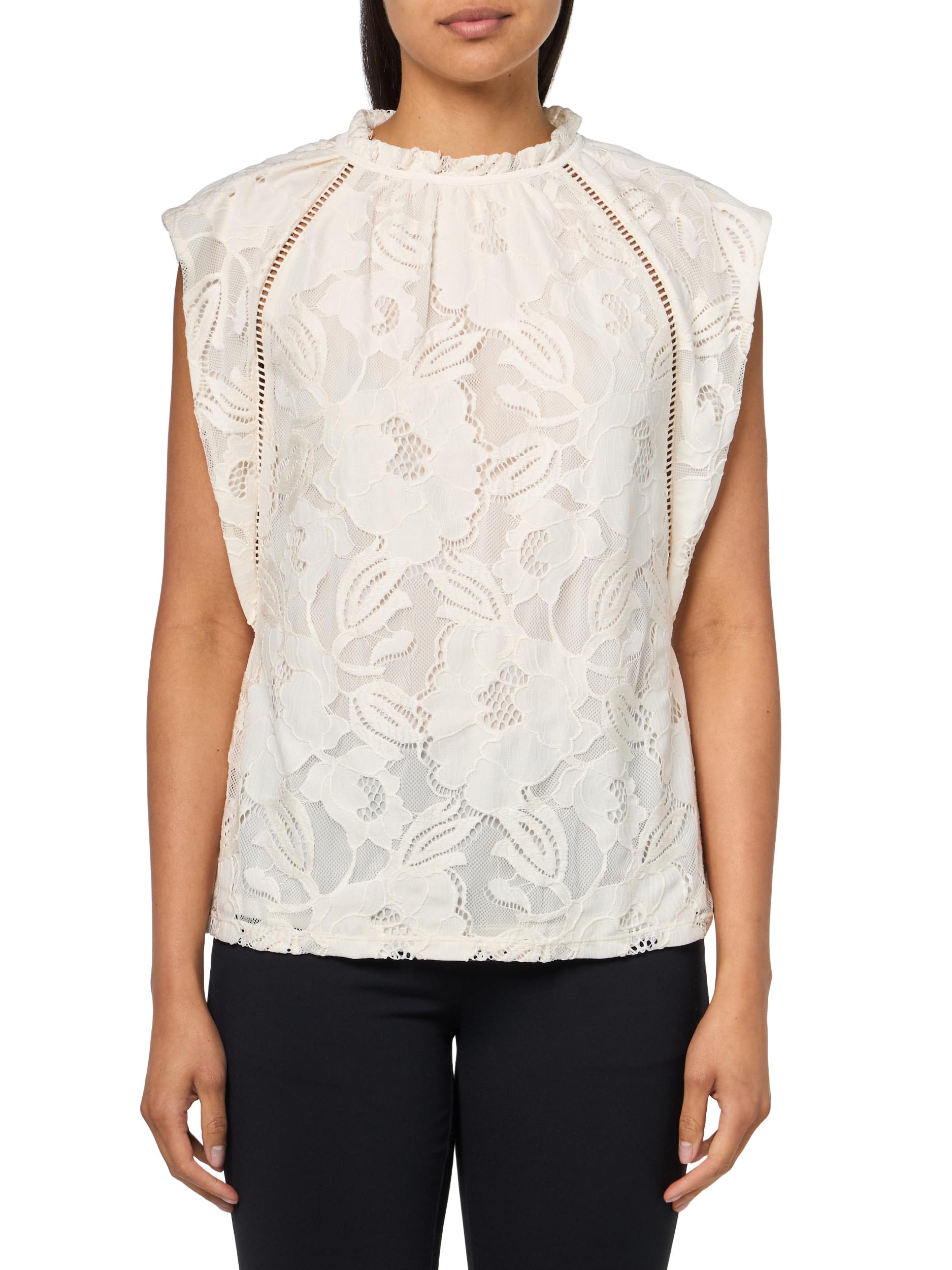 Anne Klein Women's White Dove Blssm Lace Sl Ruffle Nk Top W Ladder Lac, L