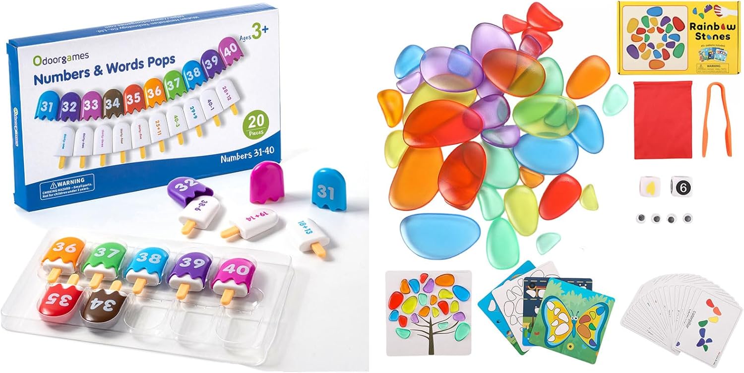 Mini Number Pops 31-40 — 36 Pcs Translucent Pebbles, Rainbow Stones,Light Table Manipulatives Preschool,Light Table Accessories, Includes 24 Activity Cards