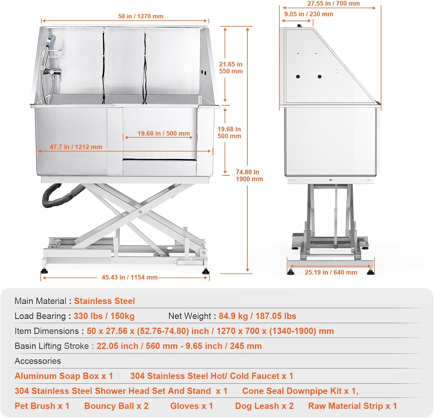 Happybuy 50" Pet Dog Bathing Station with Electric Height Adjustment, Stainless Steel Dog Grooming Tub with Soap Box, Faucet, Accessories, Bathtub for Multiple Pets, Home Washing Sink (Right Side)