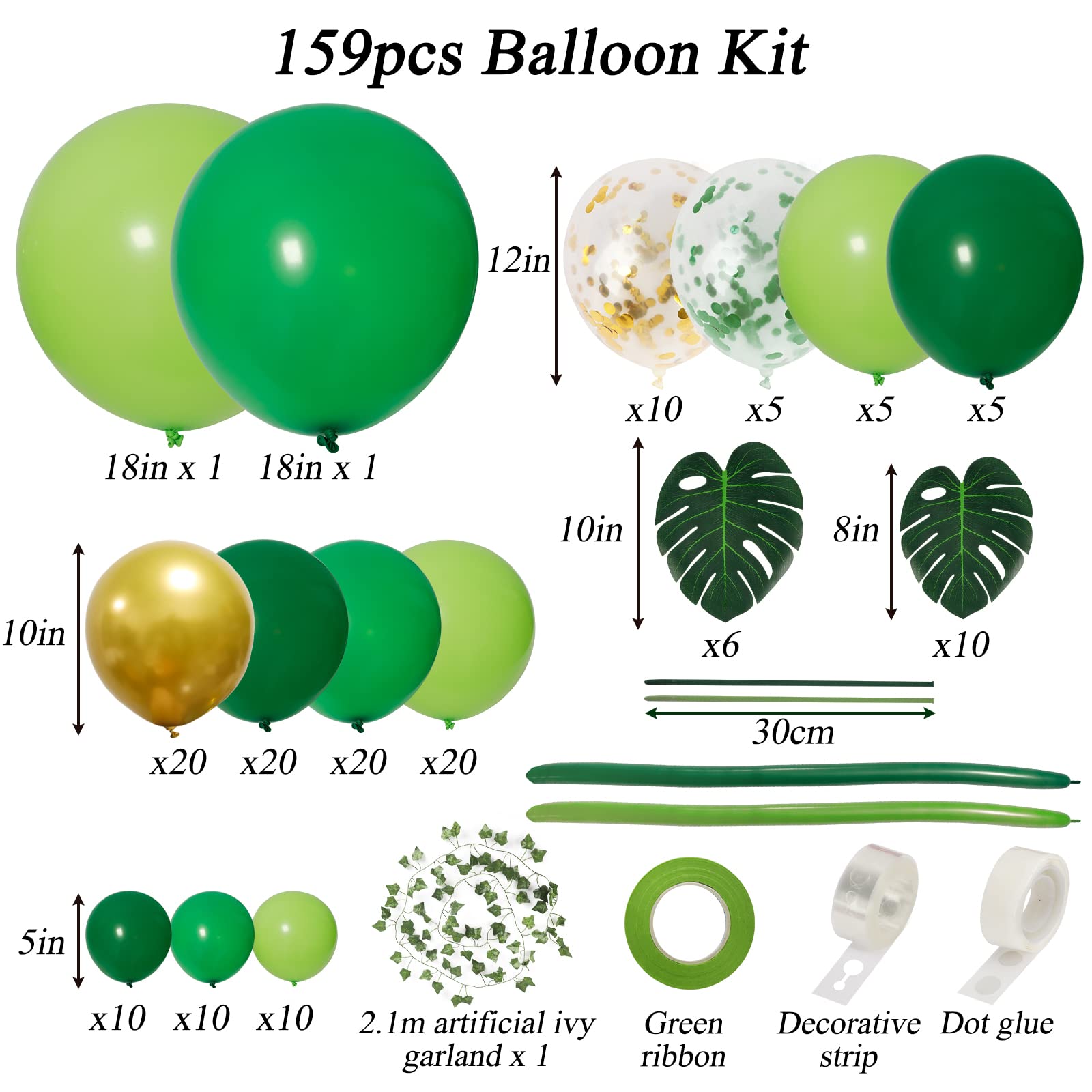 RUBFAC 159pcs Jungle Balloon Garland Arch Kit, Gold Lime Green Balloons Decoration with Artificial Turtle Leafs for Wild One Birthday Party, Safari Tropical Theme Baby Shower Supply