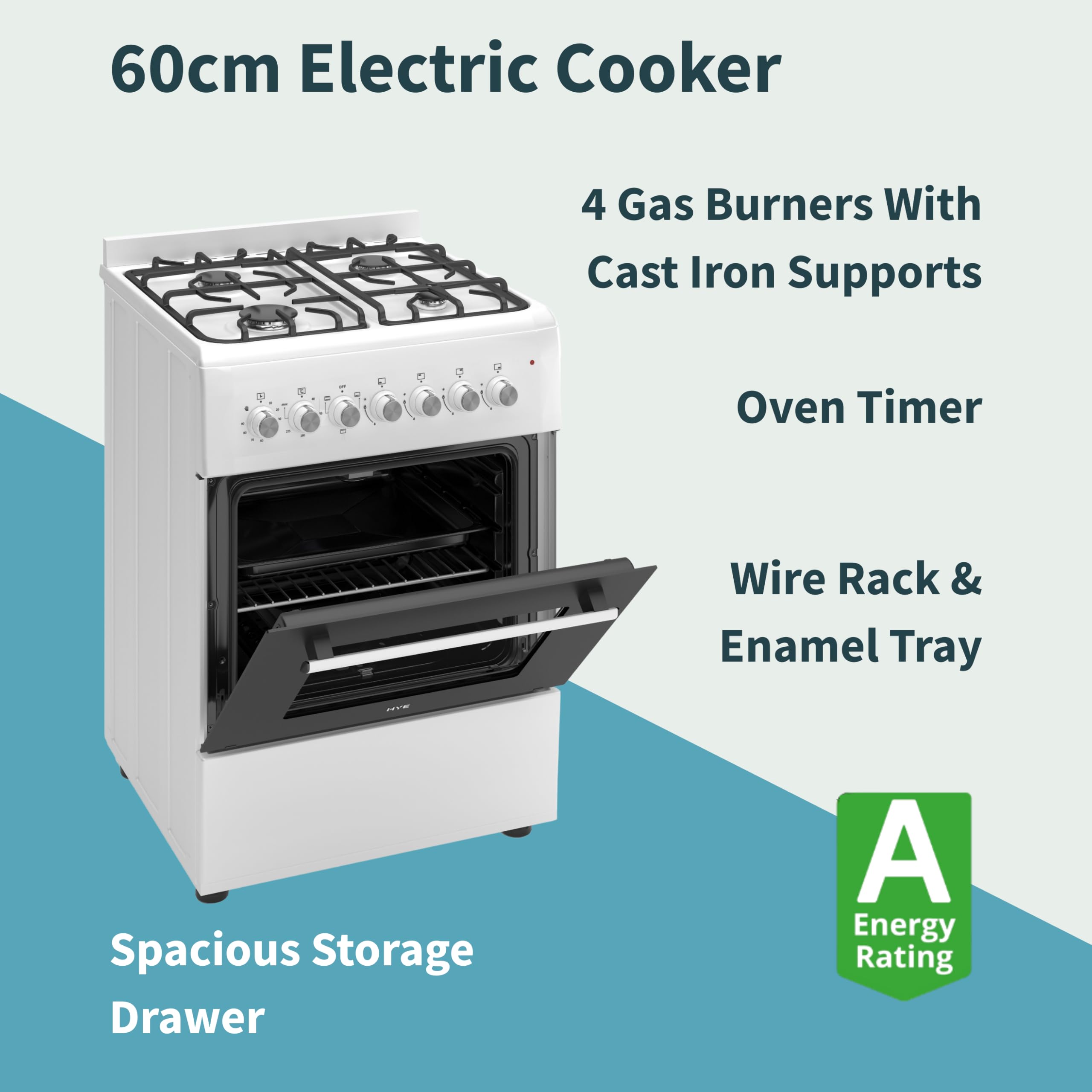 HYE Cooker - Gas Cooker With 4 Gas Burners, 62L Electric Oven, 60cm Width, Modern Freestanding Design, White, Ideal For Family Homes - C01FS60G17W — view 2
