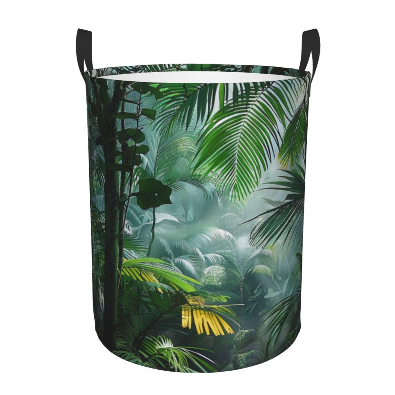 Fhesdmn Black Tropical Rainforest Jungle Scene Printed Laundry Basket-Storage Bins,Waterproof Round Laundry Hamper, For Baby Products, Toys, Bedroom Hamper 50 Cm (H) X 40 Cm (D)