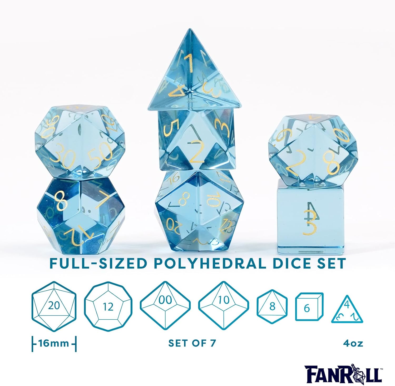 FanRoll 16mm Birthstone Stone Poly DND Dice Set: Engraved March Aquamarine, Role Playing Game Dice for Dungeons and Dragons