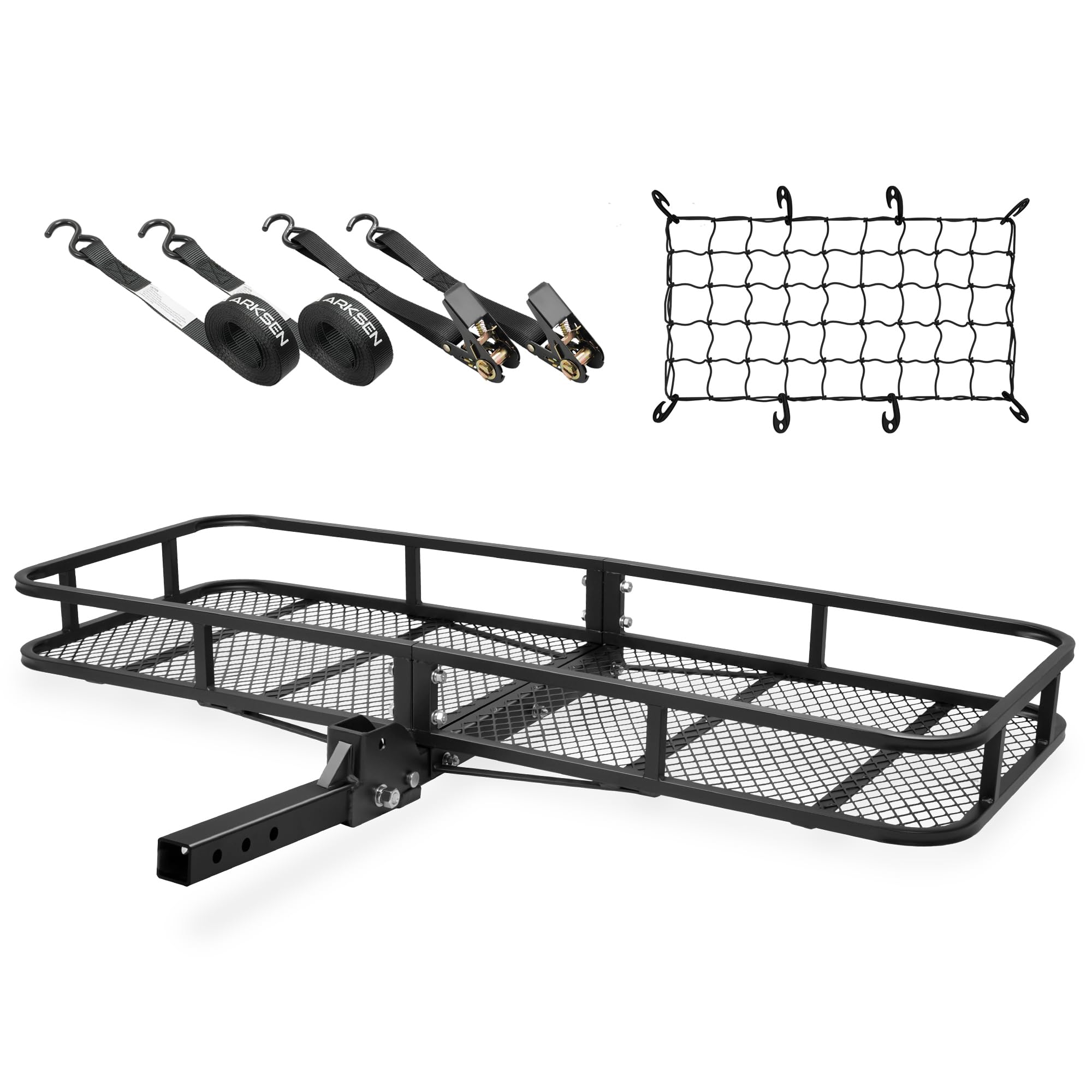 ARKSEN 60 x 23 x 5.5 Inch Folding Hitch Cargo Carrier with Cargo Net, 2 Ratchet Straps, 500 Lbs Capacity Heavy Duty 2 Inch Receiver Luggage Basket for
