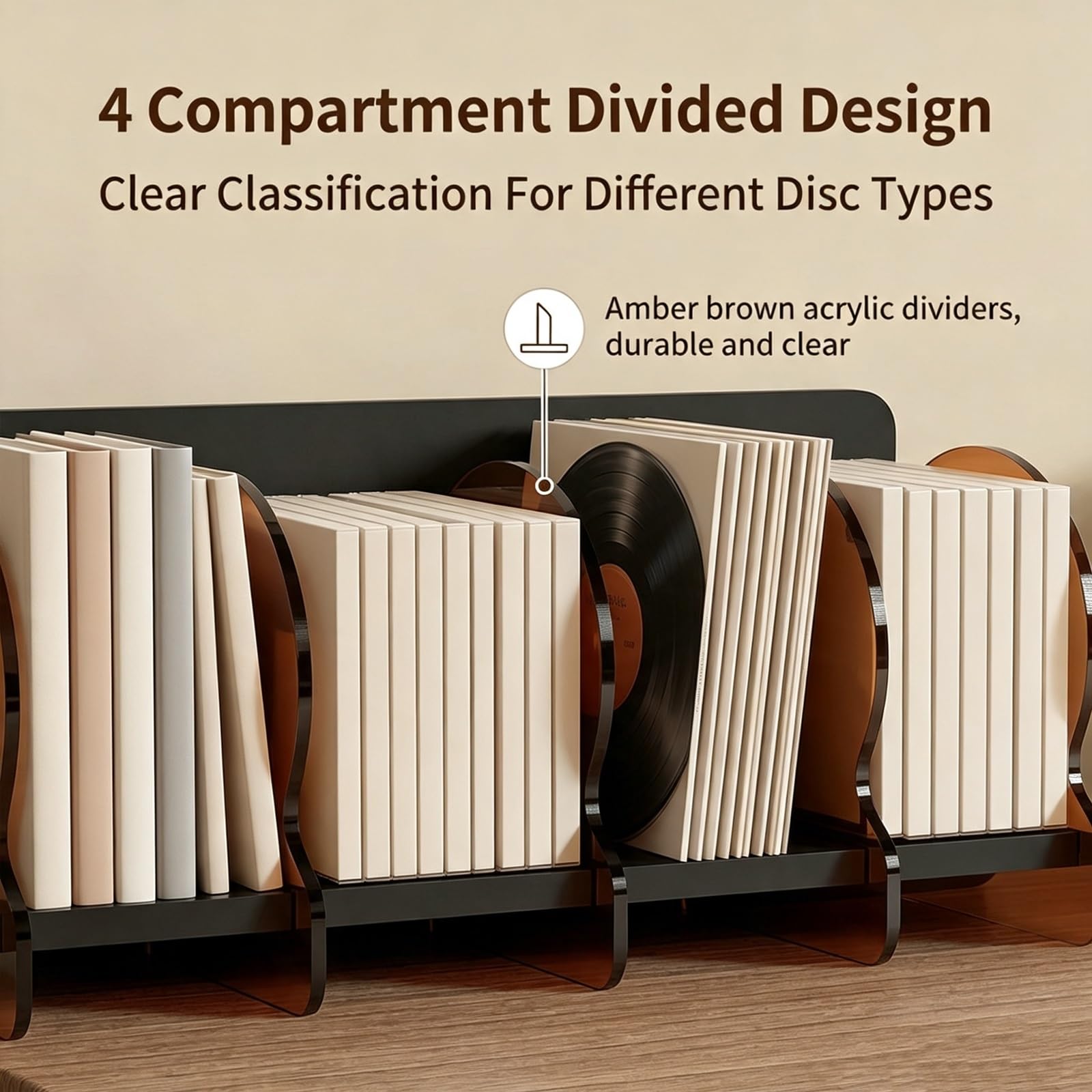 Estantería CD Vinilos 4 Compartimentos Organizador Mesa Librería Baja. | Estantería Madera Organizador Discos con Separadores Acrílicos Estante Multimedia Dormitorio.(Black)