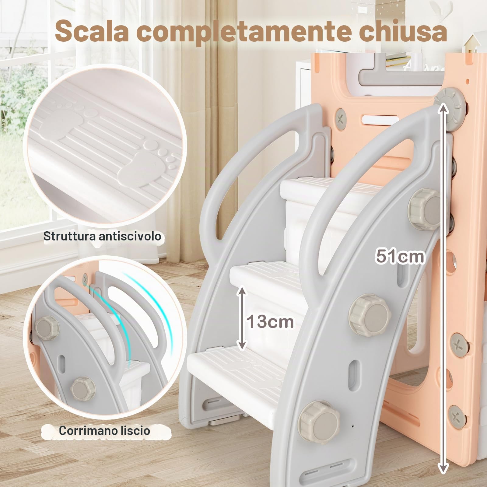 HOMASIS 7 in 1 Scivolo per Bambini da 1 a 3 Anni, Altalena Interna per Bambini con Scala, Telescopio, Canestro da Basket e Spazio di Stoccaggio, Area Giochi, Abilità Motorie (Rosa)