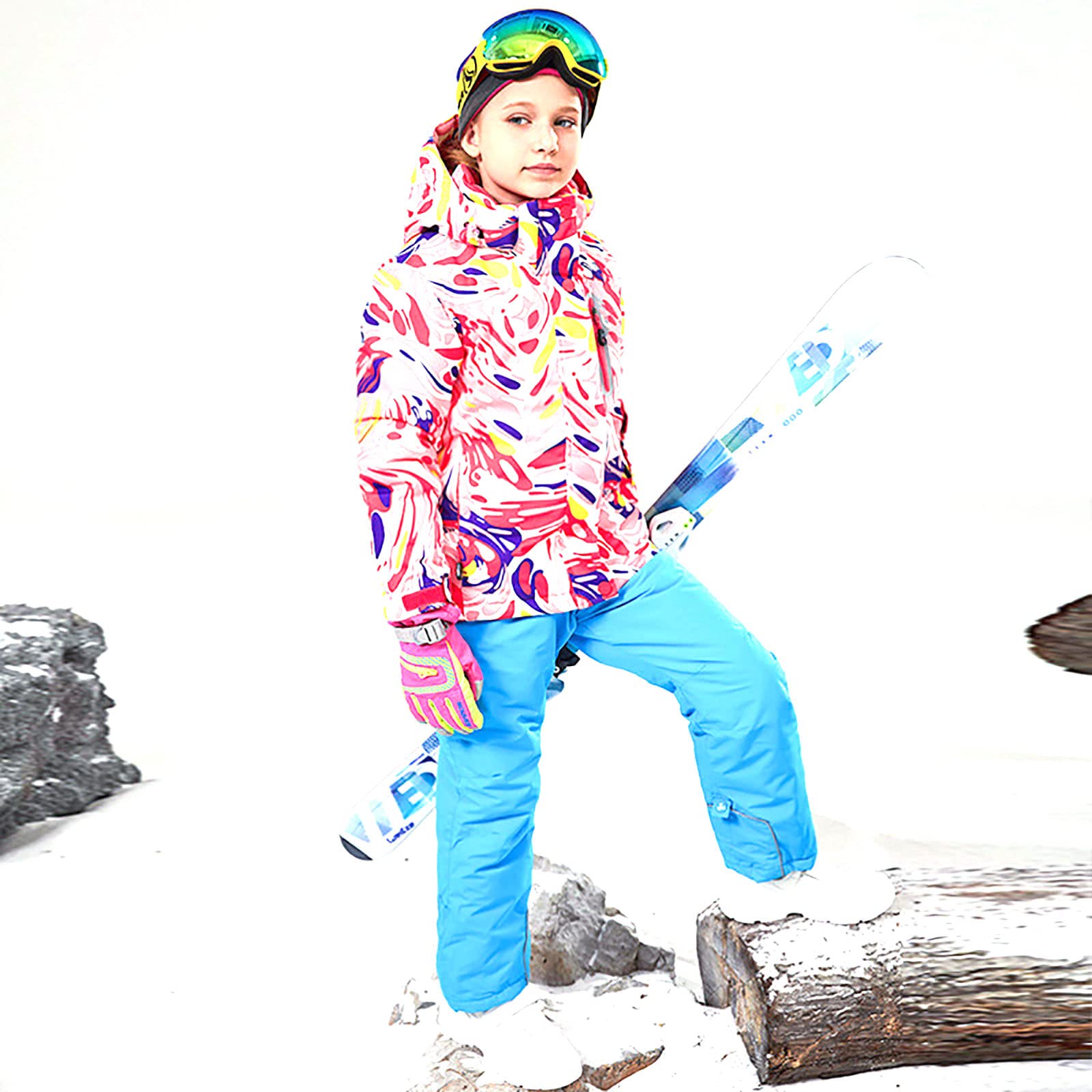 7HAHA3 Girl's Snowboard Ski Jacket Pants Set Youth IPX4 Waterproof Snowsuit Children Thicken Warm Coat in -30°C (-22?),Blue,6T(115cm)