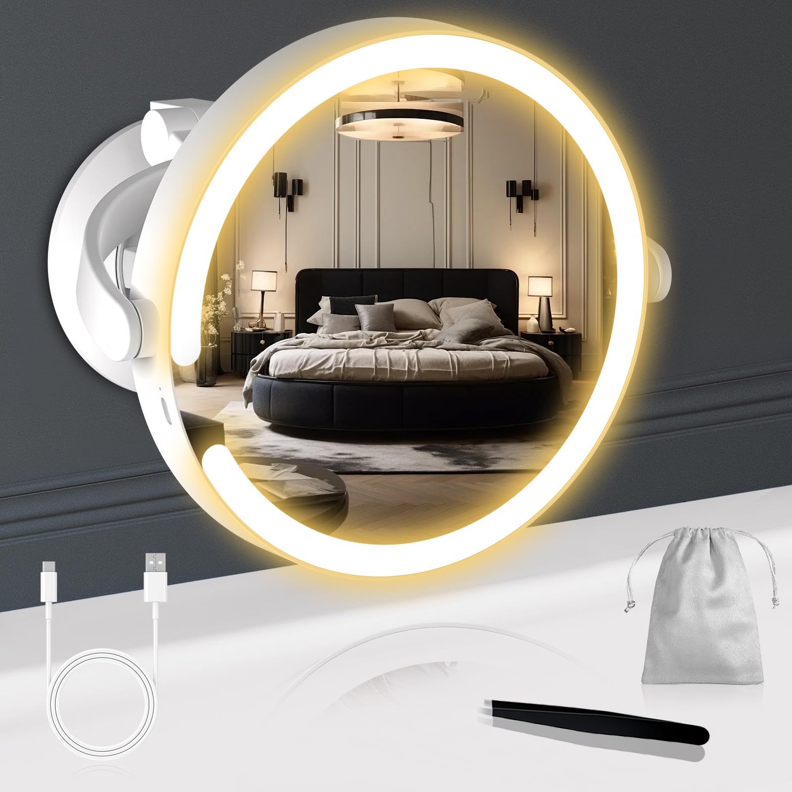 Espejo de maquillaje luminoso con ventosa potente, 20 espejos de aumento luminoso, espejo de aumento de luz ajustable en intensidad, con una altura ajustable de 25 cm