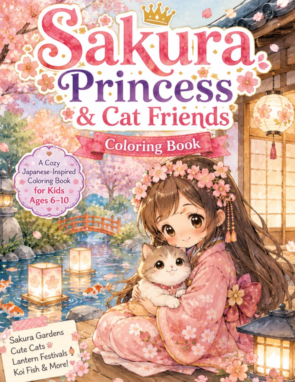 Sakura Princess & Cat Friends Coloring Book: Cozy Japanese Gardens, Koi Fish, Lantern Festivals & Cute Cat Adventures for Kids Ages 6–10