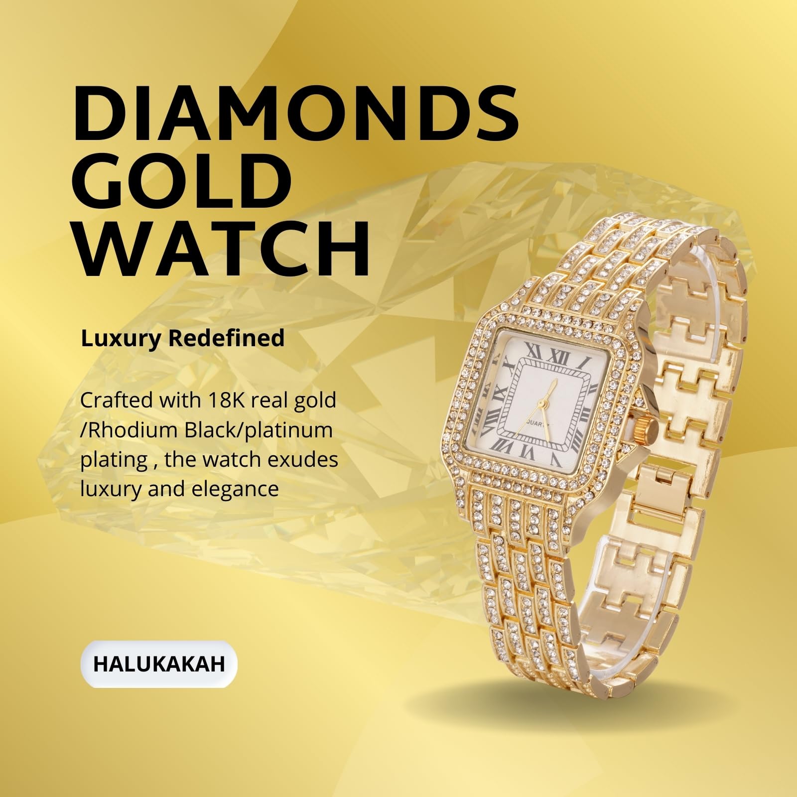 Halukakah Zegarek z diamentami Iced Out dla chłopców, nastolatków, dzieci - pozłacany 18-karatowym złotem/platyną, kwadratowa tarcza 31 mm, japoński kwarc - długość 20,5 cm, opcjonalnie z łańcuchem