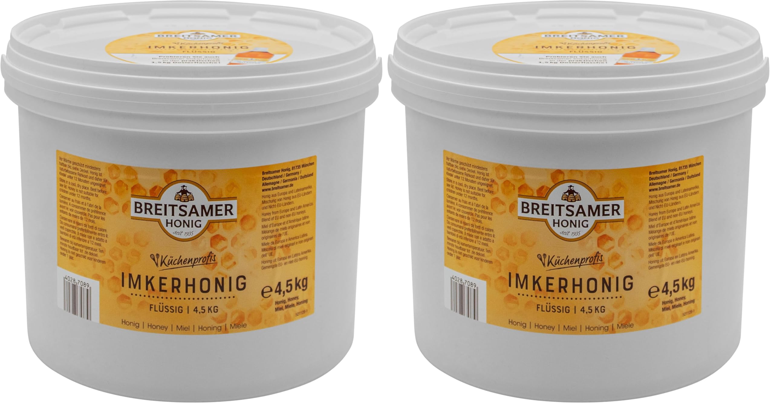 Breitsamer Imkerhonig Blütenhonig flüssig 4,5 kg Eimer für Küchenprofis – Aromatischer Honig ideal für Großverbraucher Hotels Gastronomie (1 x 4500g) (Packung mit 2)