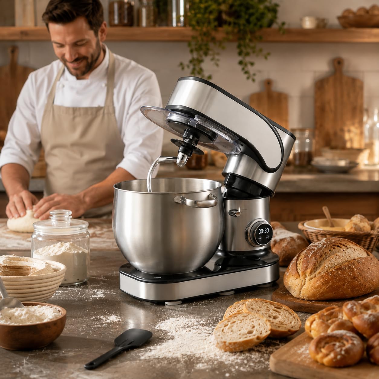 Royal Swiss Robot Pastelero Profesional 12L 2000W Mezcla Planetaria, Pantalla LED Táctil, 12 Velocidades, Cuenco Inox, Tapa Antisalpicaduras Gancho, Batidor, Batidora Multifunción