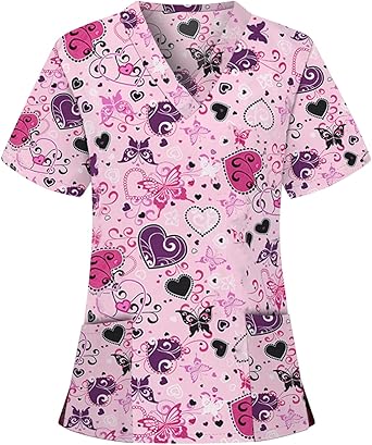 OIOLOYJM Printed Scrub Tops Women V Neck Short Sleeve Plus Size Scrubs for Womens Nursing Uniforms Shirts with Pockets