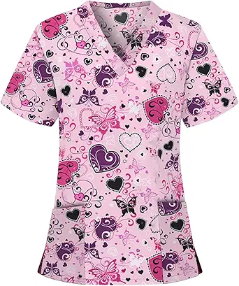 OIOLOYJM Printed Scrub Tops Women V Neck Short Sleeve Plus Size Scrubs for Womens Nursing Uniforms Shirts with Pockets