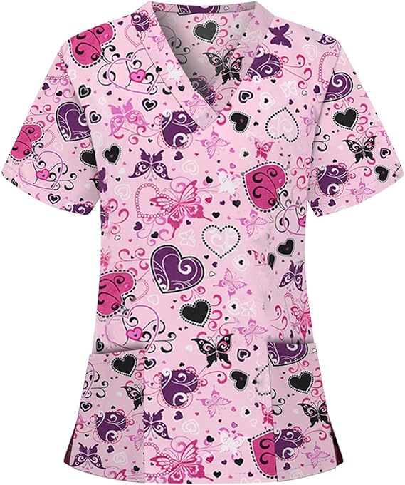 OIOLOYJM Printed Scrub Tops Women V Neck Short Sleeve Plus Size Scrubs for Womens Nursing Uniforms Shirts with Pockets