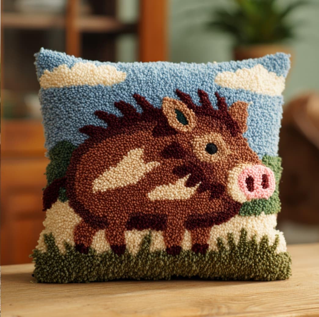 WallustrioaW DIY Latch Hook Pillow Kit,Wild Boar Pillowcase Kits Embroidery Kits 17X17 Inch DIY Needlework Pillow Cover Sofa Cushion Rug Making