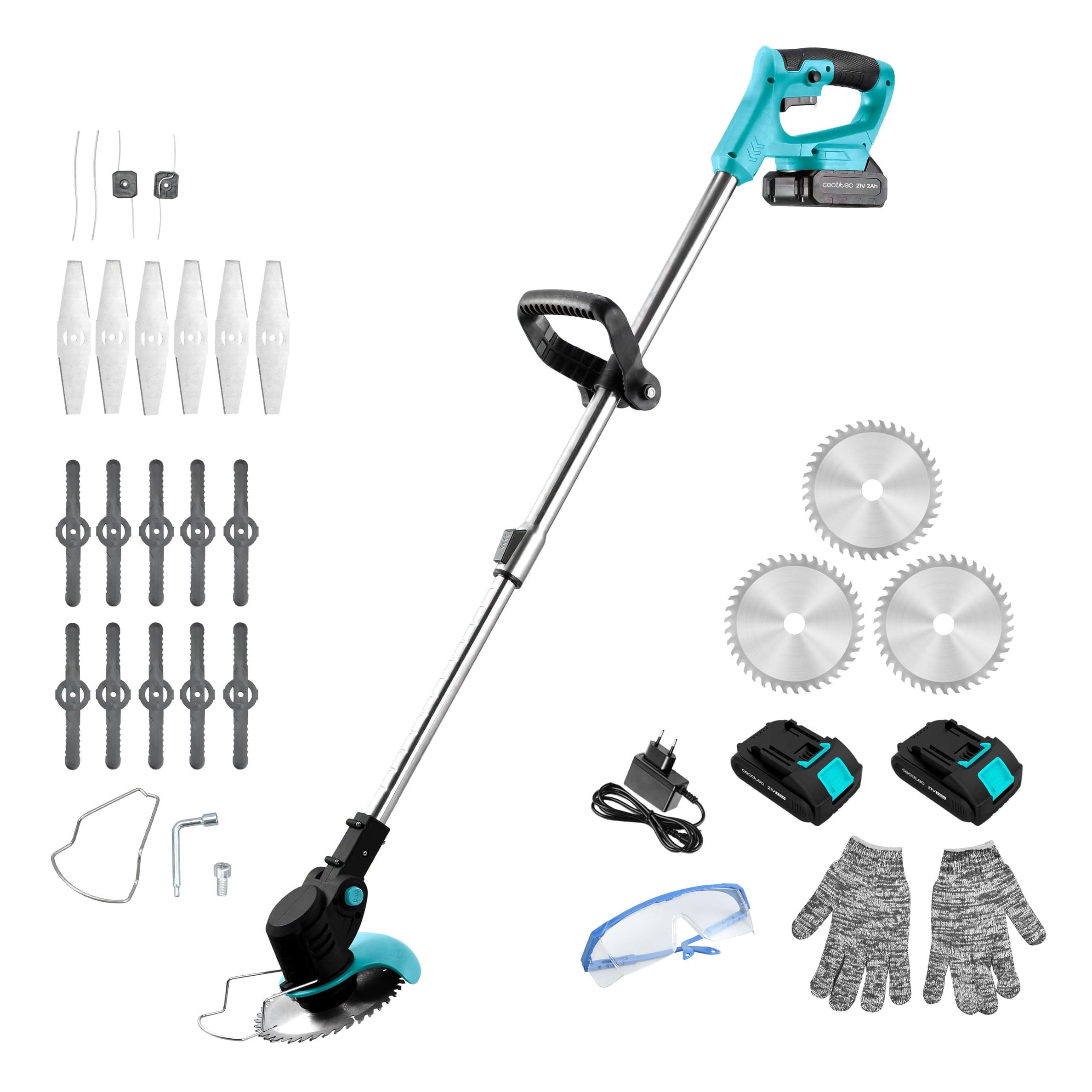 A person using the Cecotec FastCut 3000 Freemove grass trimmer with a saw blade to cut through thick vegetation.