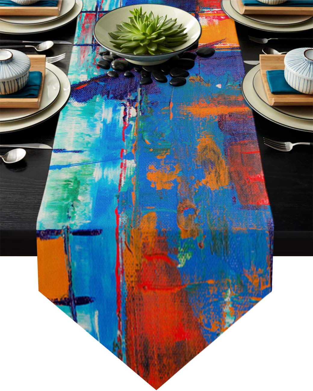 Oil Painting Geometry Graffiti Table Runner for Kitchen Dining Room Buffet Abstract Art Colorful Pattern Non-Slip Dresser Scarves Tablecloth for Cafe Indoor Outdoor Home Parties 18×72 Inches Long