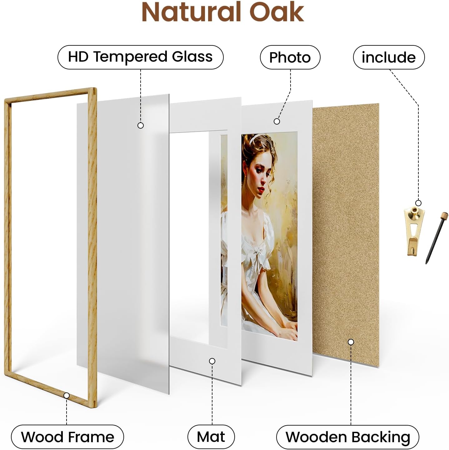 20x30 Picture Frame Natural Oak Wood From California-USA with Real Tempered Glass, Handcrafted 20x30 Photo Frame Matted to 16x24 Wedding Photo,Family Picture,Graduation Picture Display on Table & Wall