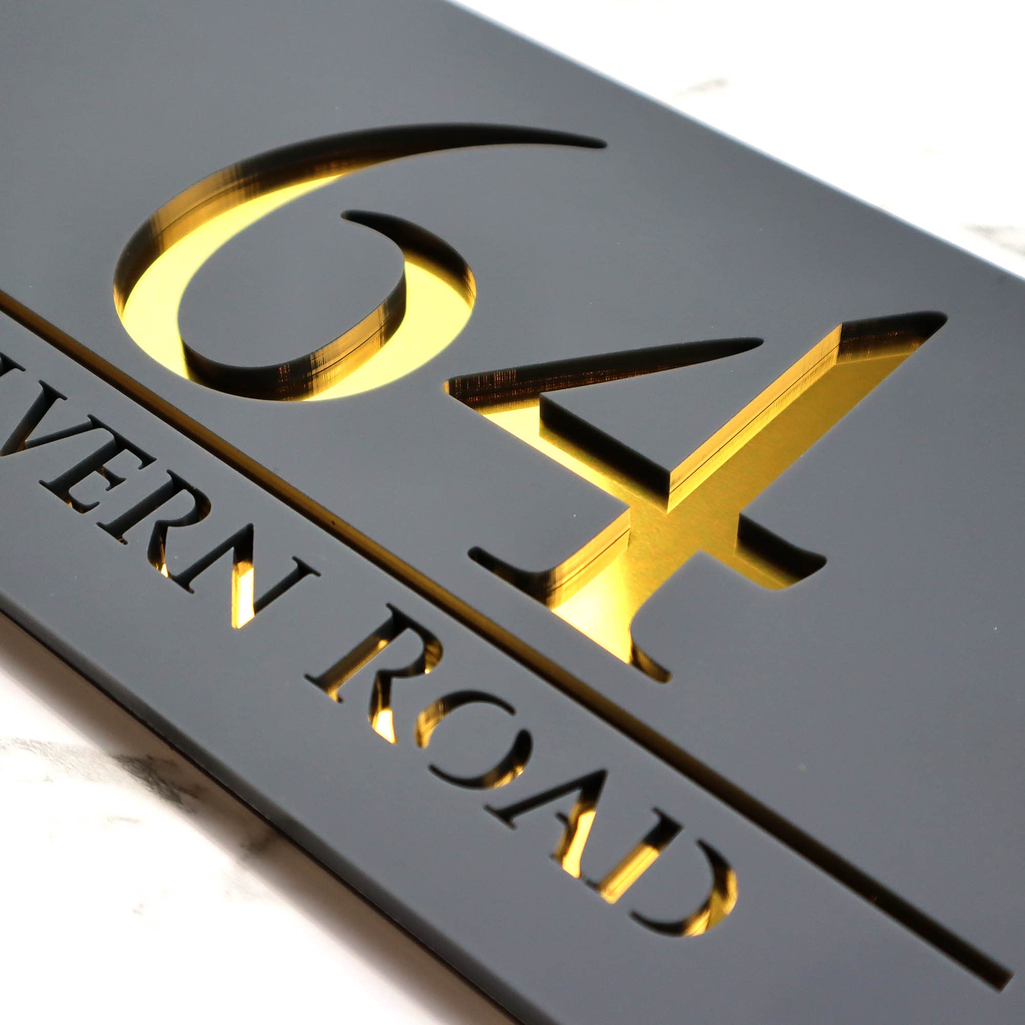 K Smart Sign | Bellissima H3 F32 | Laser Cut Matt Gray (Anthracite RAL7016) & Mirror Finished Grey House Sign Plaques Address Door Number | 300mm x 160mm (Matt Dark Gray & Gold Mirror)